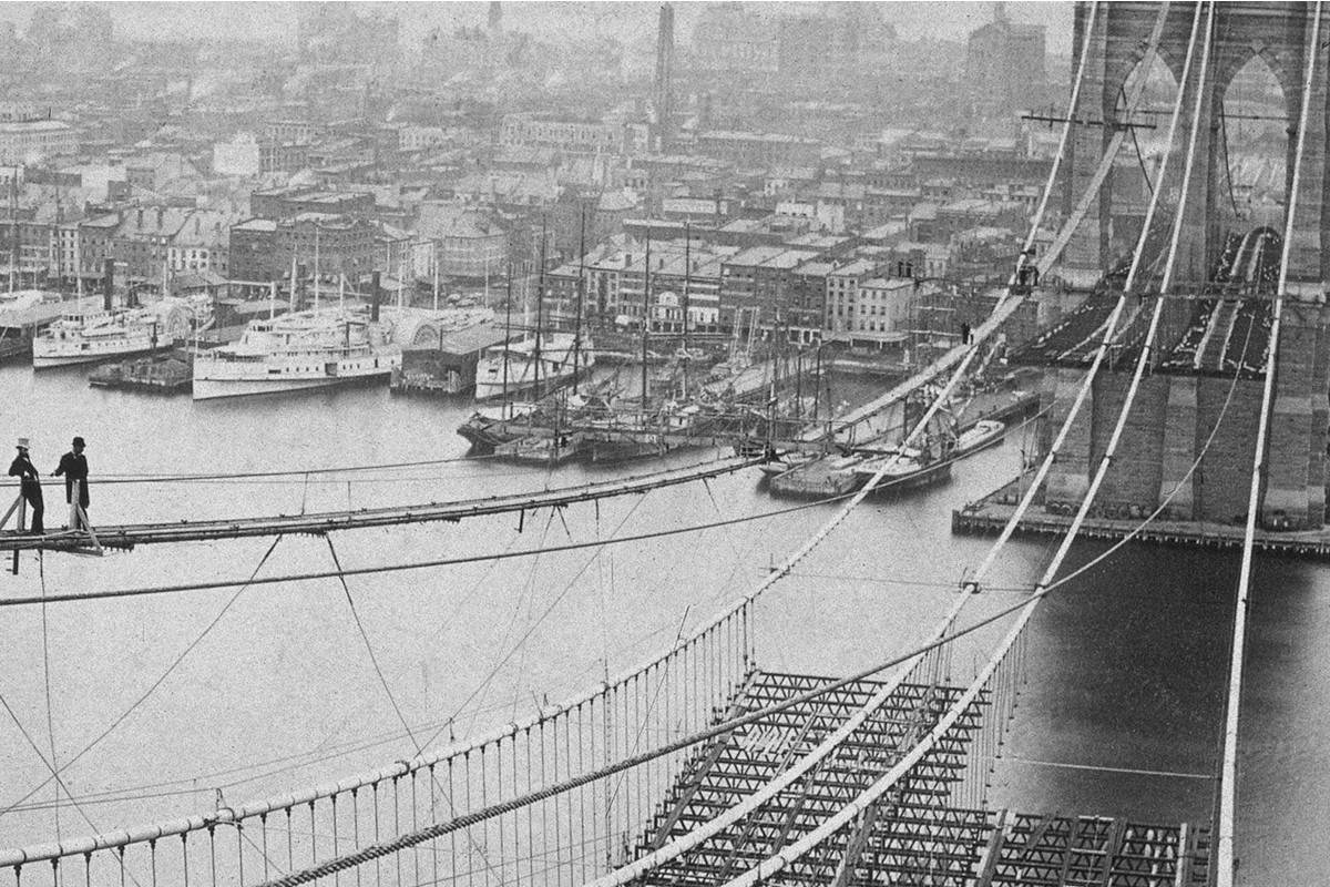Historic Brooklyn Bridge construction